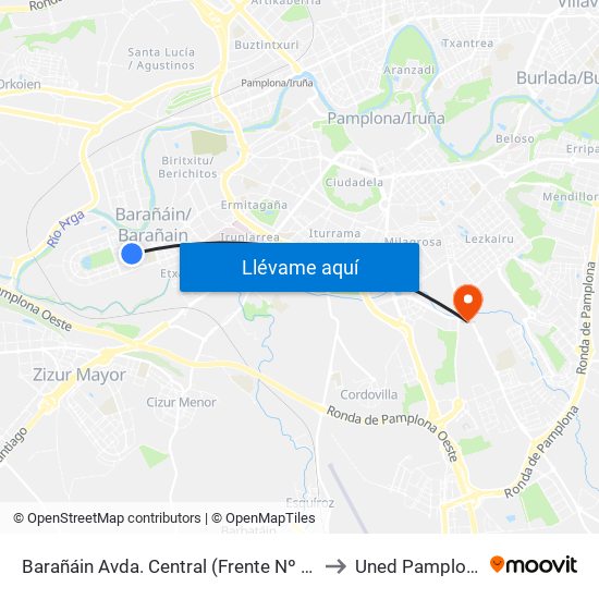 Barañáin Avda. Central (Frente Nº 34) to Uned Pamplona map