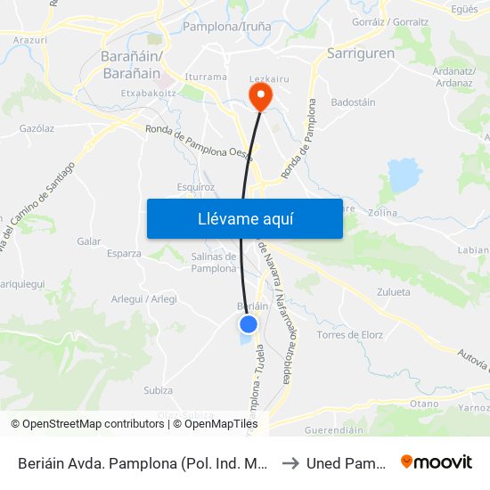 Beriáin Avda. Pamplona (Pol. Ind. Morea Norte) to Uned Pamplona map