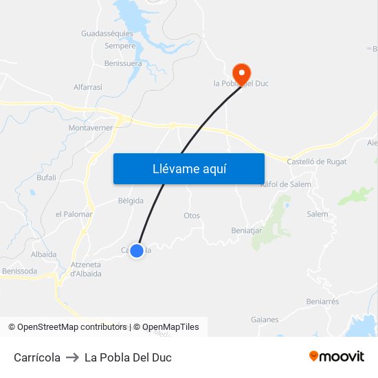 Carrícola to La Pobla Del Duc map