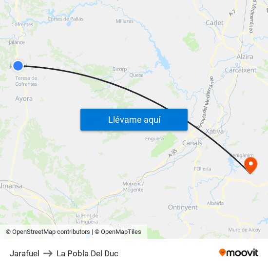 Jarafuel to La Pobla Del Duc map