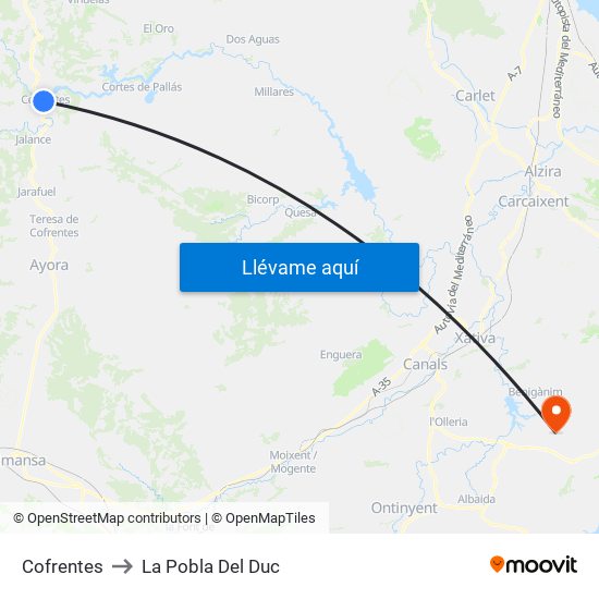 Cofrentes to La Pobla Del Duc map