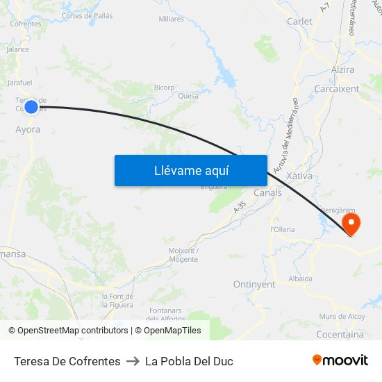 Teresa De Cofrentes to La Pobla Del Duc map