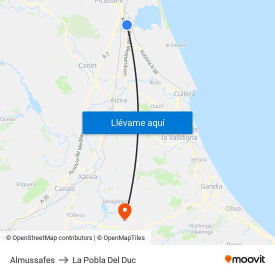 Almussafes to La Pobla Del Duc map
