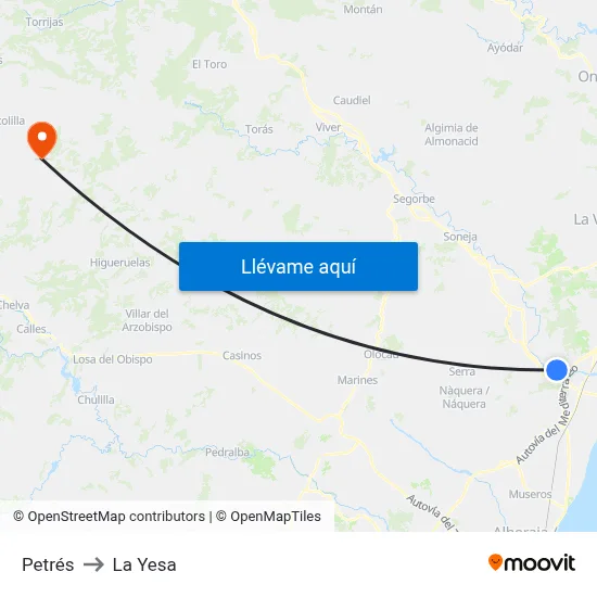Petrés to La Yesa map