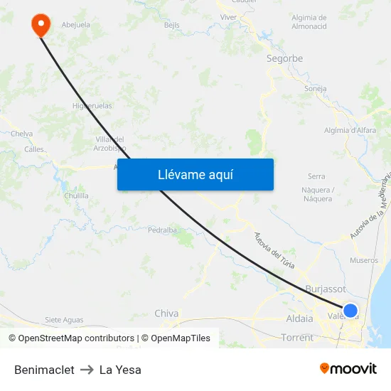 Benimaclet to La Yesa map