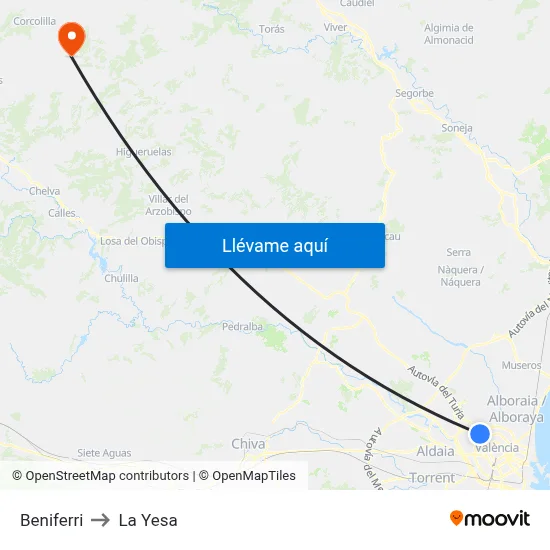 Beniferri to La Yesa map