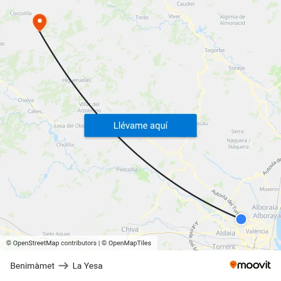 Benimàmet to La Yesa map