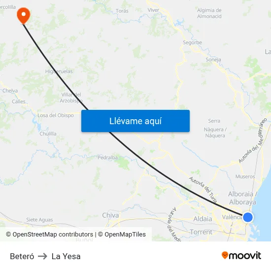 Beteró to La Yesa map