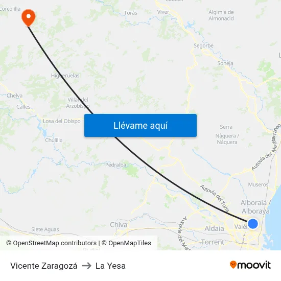 Vicente Zaragozá to La Yesa map
