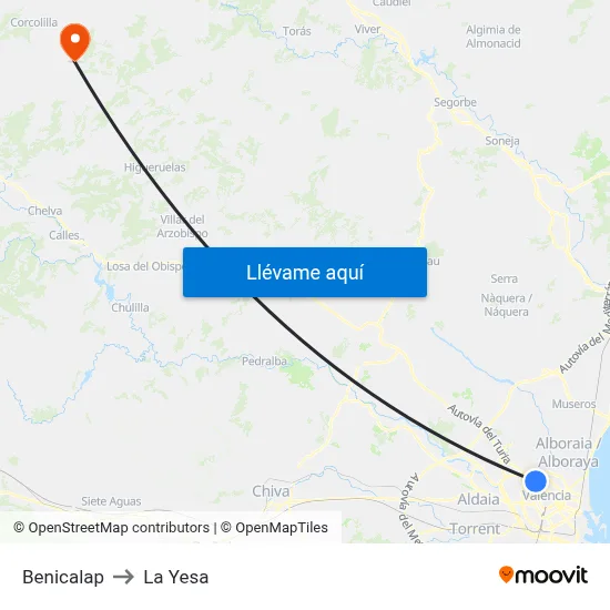 Benicalap to La Yesa map