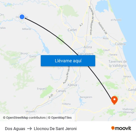 Dos Aguas to Llocnou De Sant Jeroni map