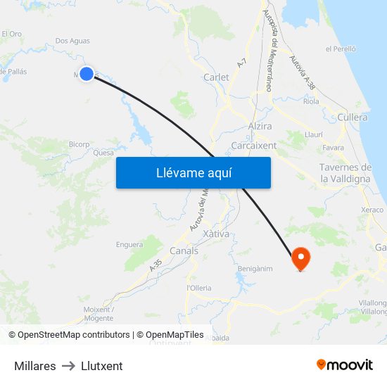 Millares to Llutxent map