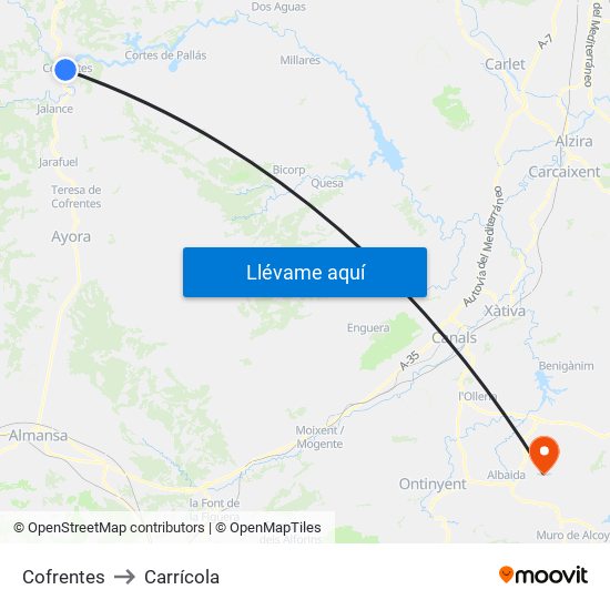 Cofrentes to Carrícola map