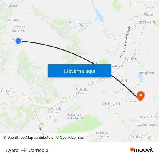 Ayora to Carrícola map