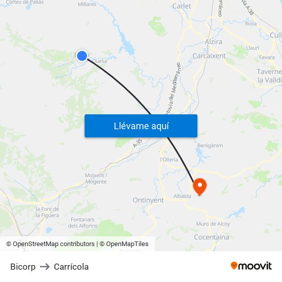 Bicorp to Carrícola map
