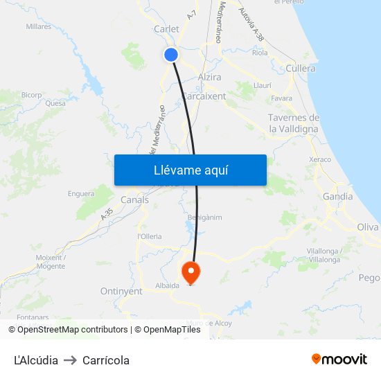 L'Alcúdia to Carrícola map