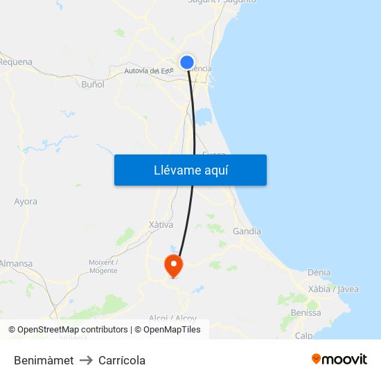 Benimàmet to Carrícola map