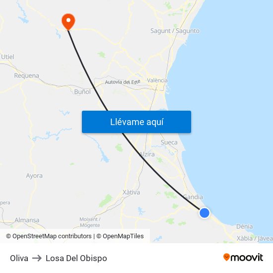 Oliva to Losa Del Obispo map
