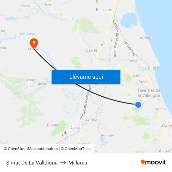Simat De La Valldigna to Millares map