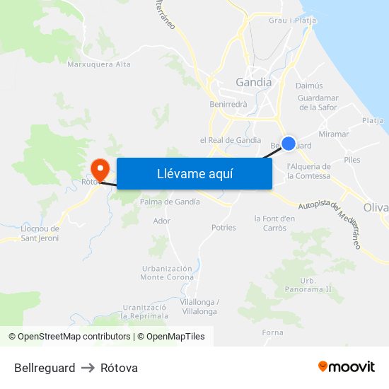 Bellreguard to Rótova map