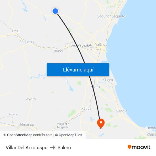 Villar Del Arzobispo to Salem map