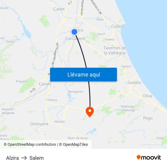 Alzira to Salem map