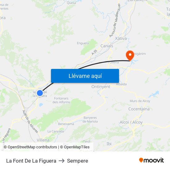 La Font De La Figuera to Sempere map