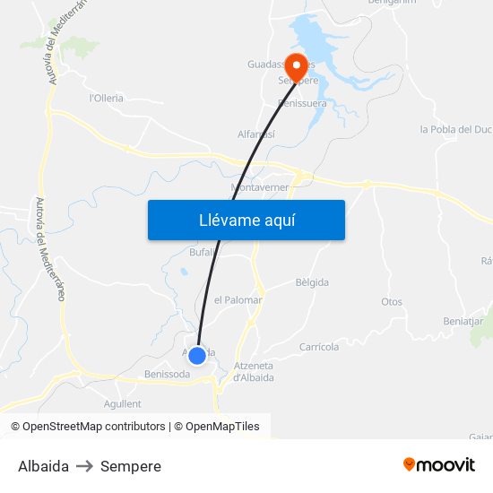 Albaida to Sempere map