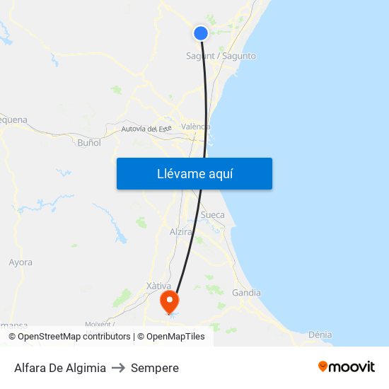 Alfara De Algimia to Sempere map