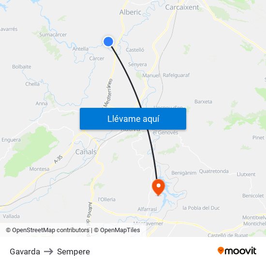 Gavarda to Sempere map