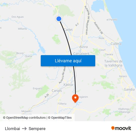 Llombai to Sempere map