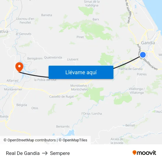 Real De Gandía to Sempere map