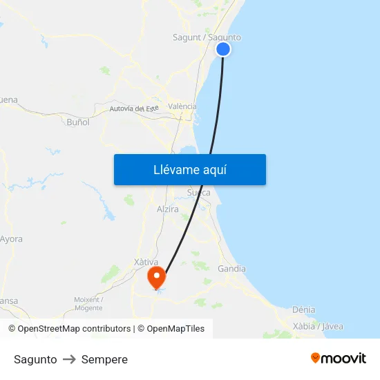 Sagunto to Sempere map