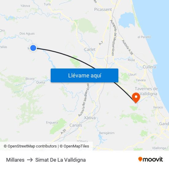 Millares to Simat De La Valldigna map