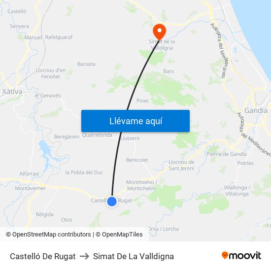 Castelló De Rugat to Simat De La Valldigna map
