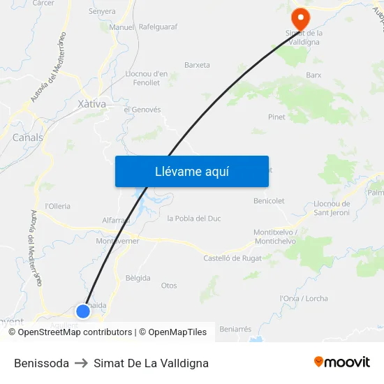 Benissoda to Simat De La Valldigna map