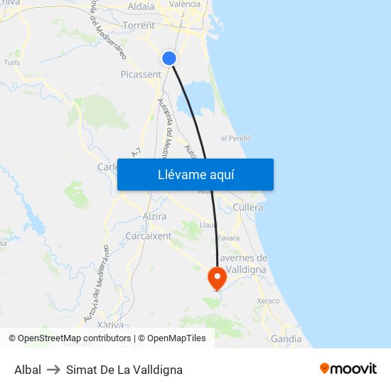 Albal to Simat De La Valldigna map