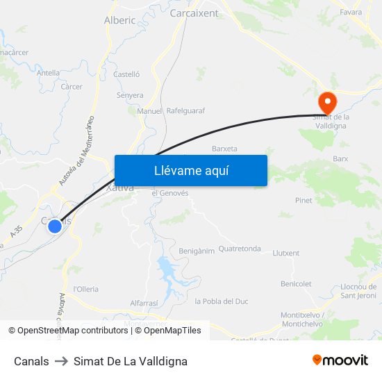 Canals to Simat De La Valldigna map