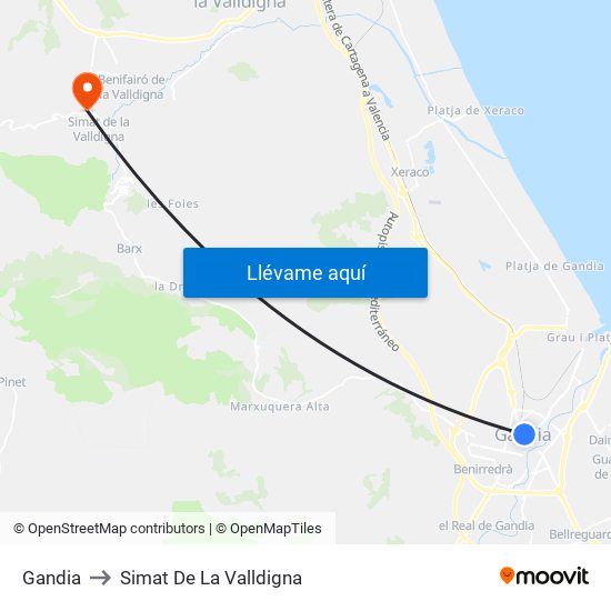 Gandia to Simat De La Valldigna map