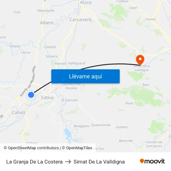 La Granja De La Costera to Simat De La Valldigna map