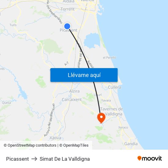 Picassent to Simat De La Valldigna map