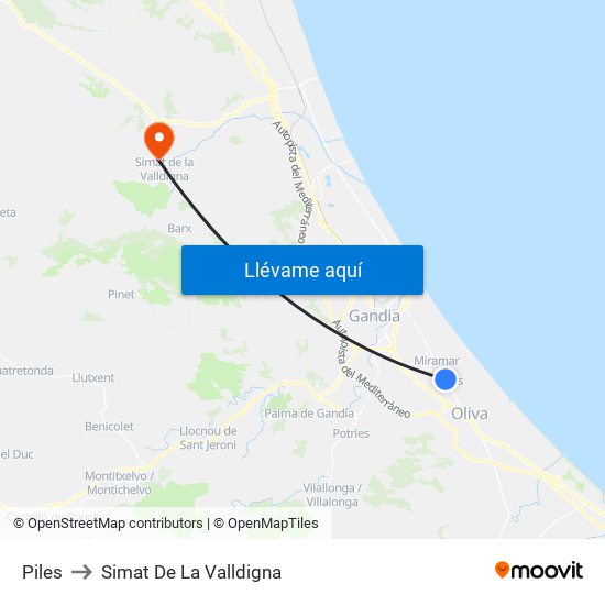Piles to Simat De La Valldigna map