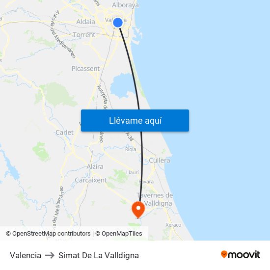 Valencia to Simat De La Valldigna map