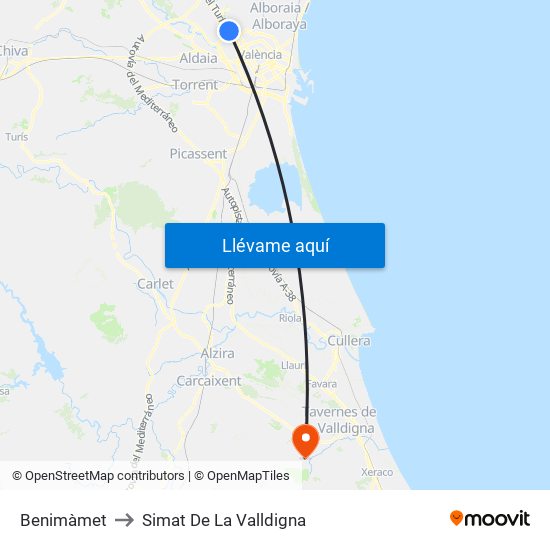 Benimàmet to Simat De La Valldigna map