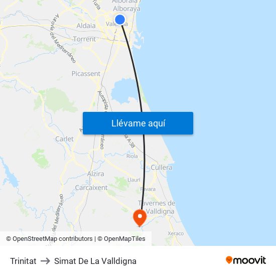 Trinitat to Simat De La Valldigna map