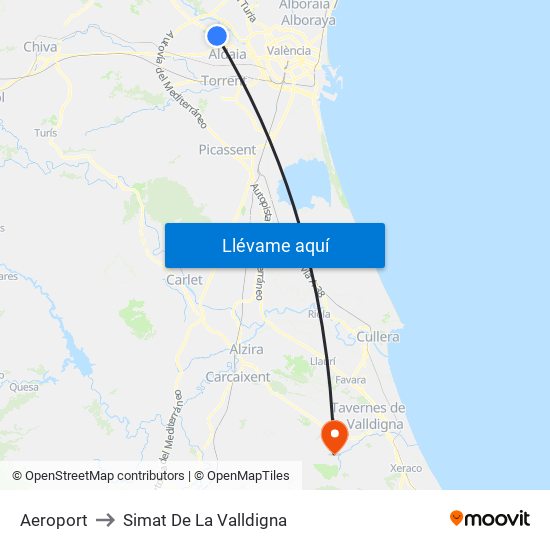 Aeroport to Simat De La Valldigna map