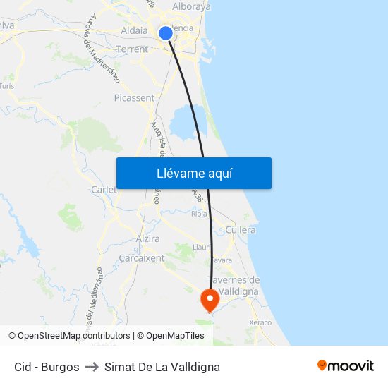 Cid - Burgos to Simat De La Valldigna map