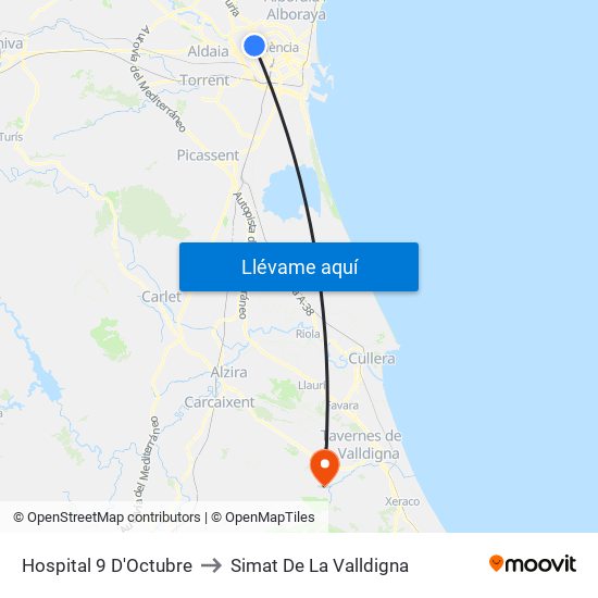 Hospital 9 D'Octubre to Simat De La Valldigna map