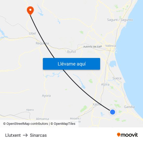 Llutxent to Sinarcas map