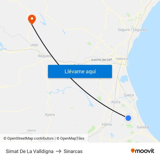 Simat De La Valldigna to Sinarcas map